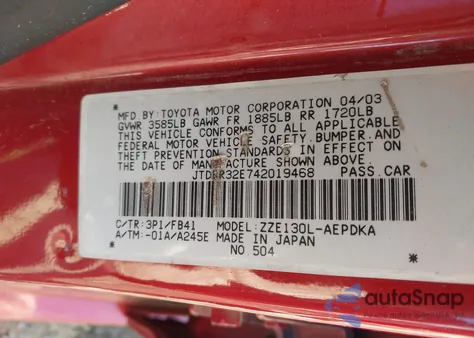 2004 Toyota Corolla Ce из США, поврежденный, VIN JTDBR32E742019468